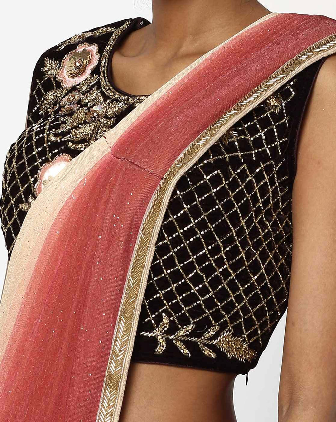 Beige-Rust Ruffled Ombre Saree & Ethnic Embroidered Velvet Blouse