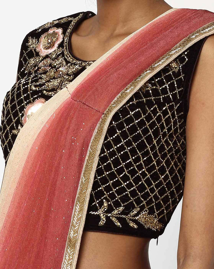 Beige-Rust Ruffled Ombre Saree & Ethnic Embroidered Velvet Blouse