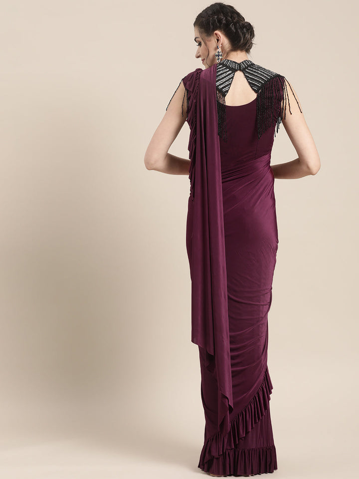 Draped Ruffled Pre-stitched Saree with Tassled Jeweled Neckpiece