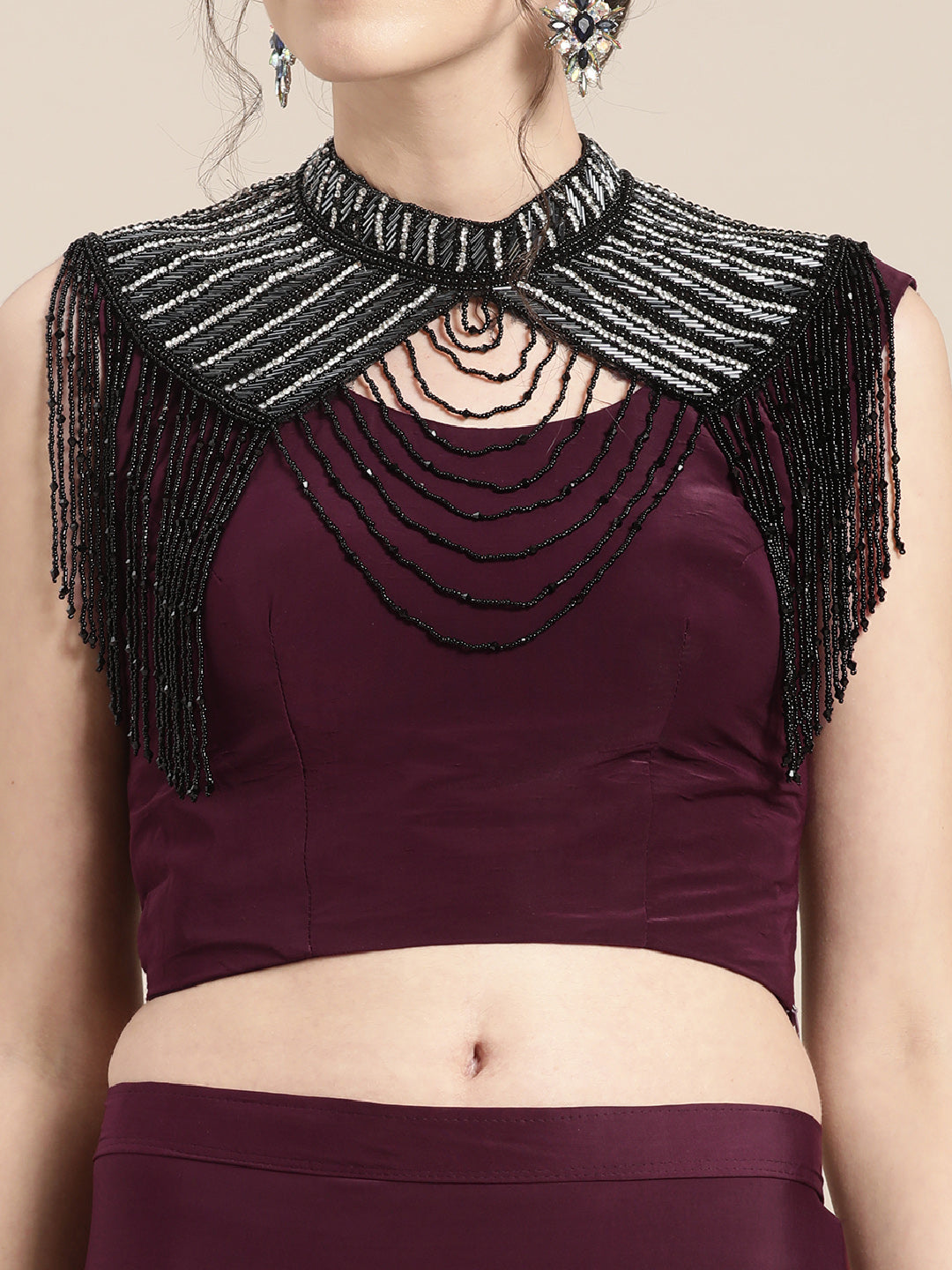 Draped Ruffled Pre-stitched Saree with Tassled Jeweled Neckpiece