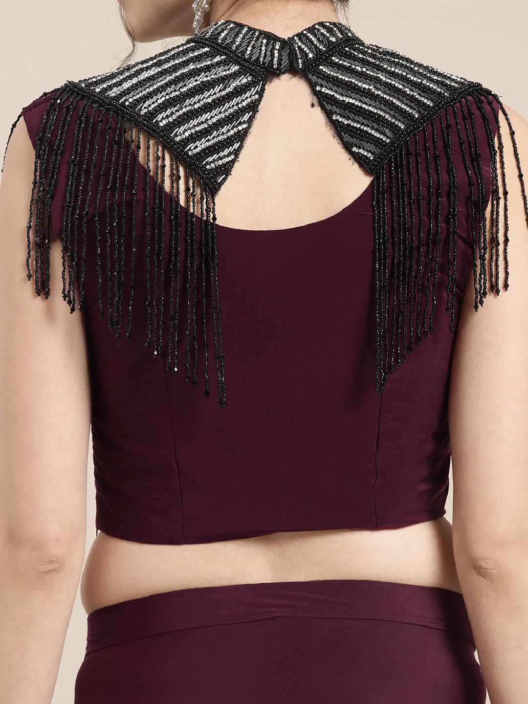 Draped Ruffled Pre-stitched Saree with Tassled Jeweled Neckpiece