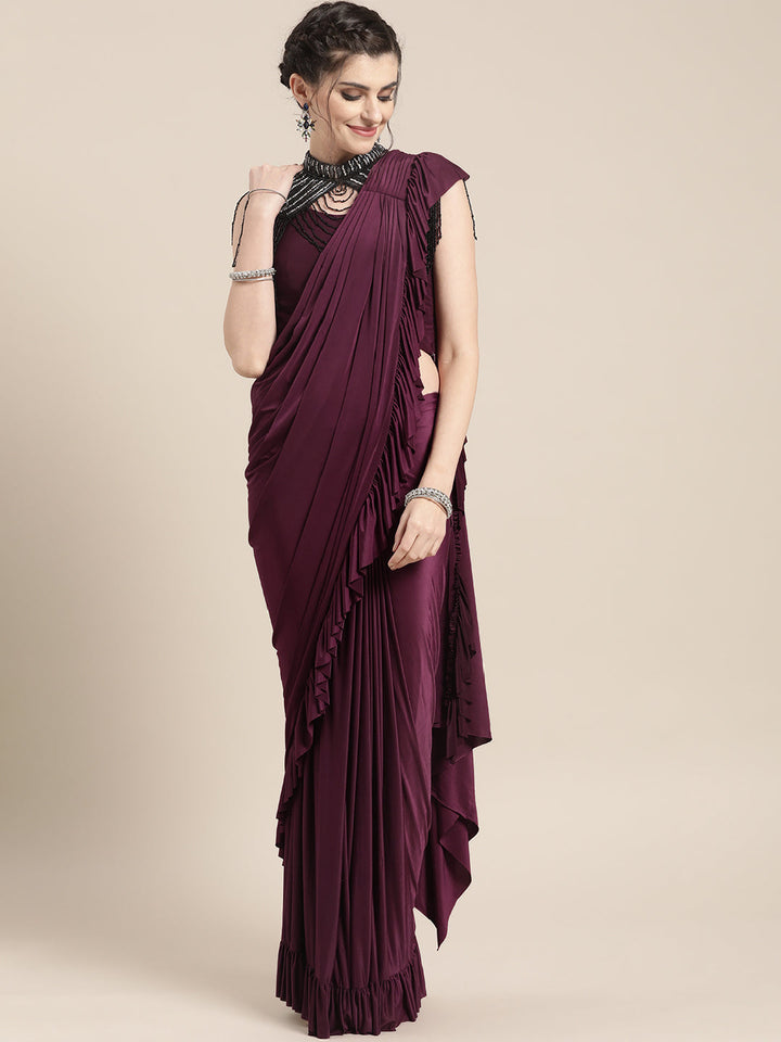Draped Ruffled Pre-stitched Saree with Tassled Jeweled Neckpiece