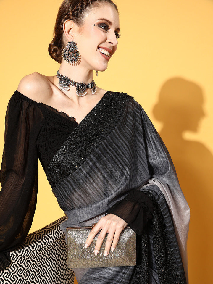 Black Scalloped Lace Border Georgette Saree with ombre Tone effect