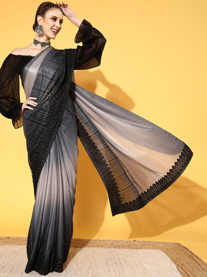 Black Scalloped Lace Border Georgette Saree with ombre Tone effect