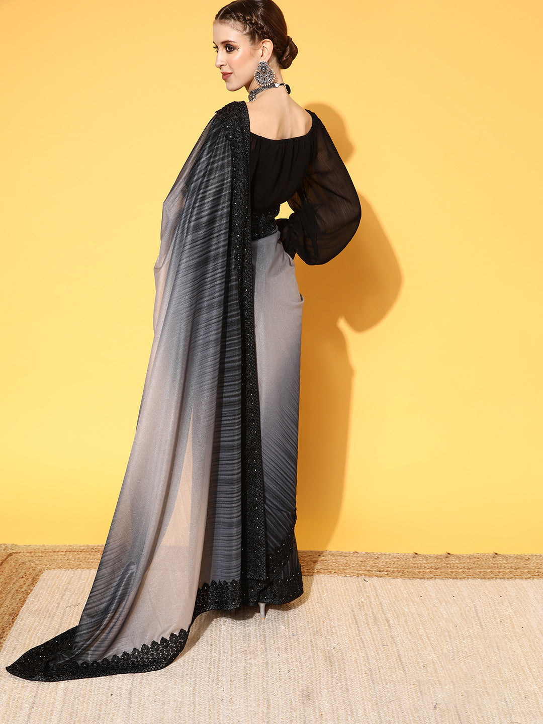 Black Scalloped Lace Border Georgette Saree with ombre Tone effect