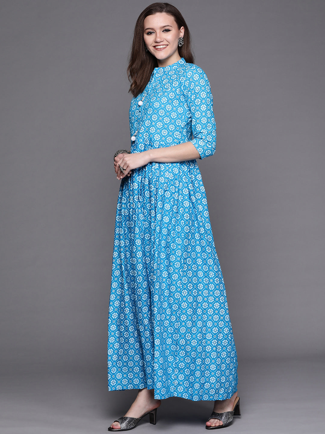 Blue ikat Printed Anarkali Kurta & Bandhani Dupatta