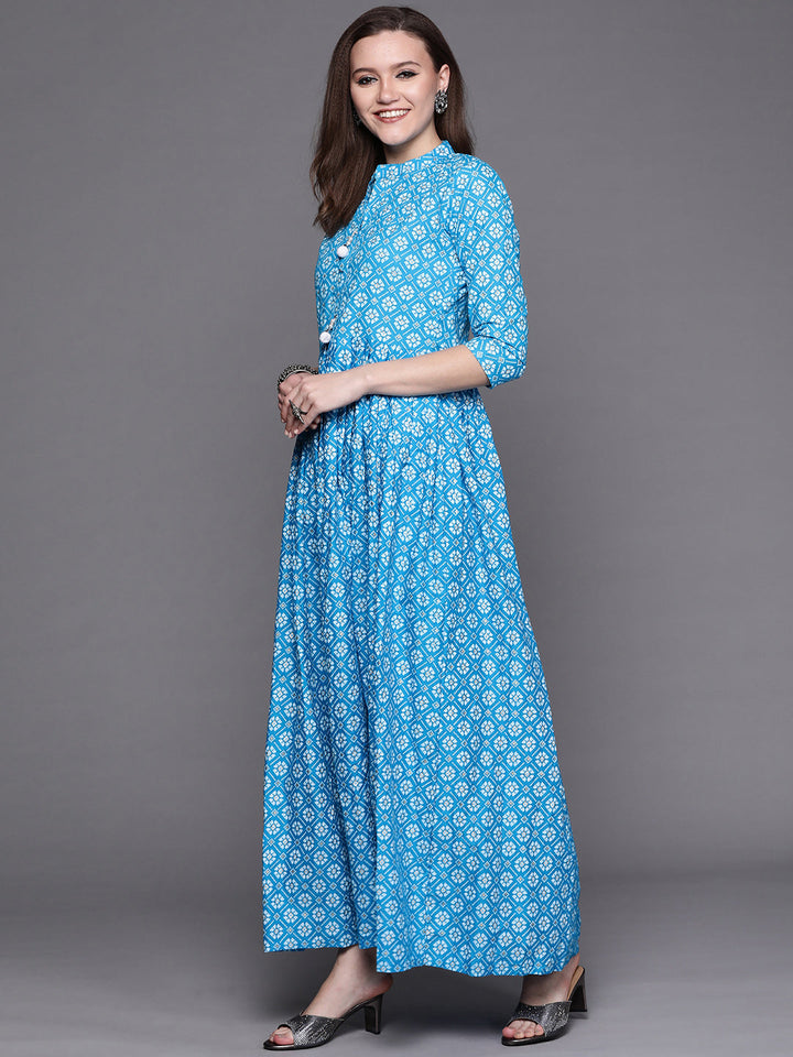 Blue ikat Printed Anarkali Kurta & Bandhani Dupatta