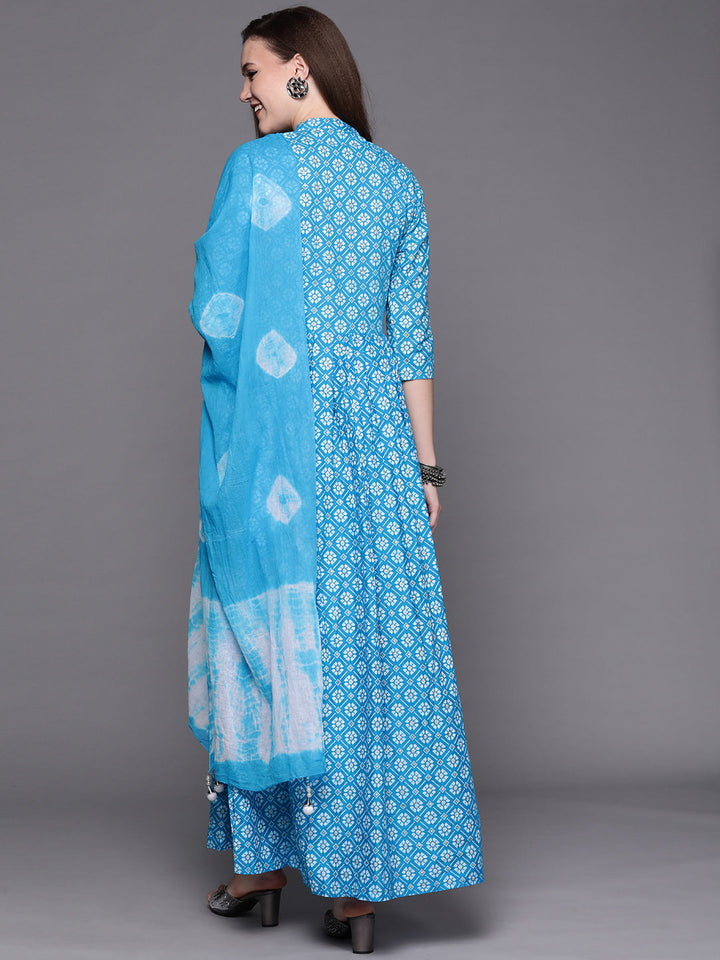 Blue ikat Printed Anarkali Kurta & Bandhani Dupatta