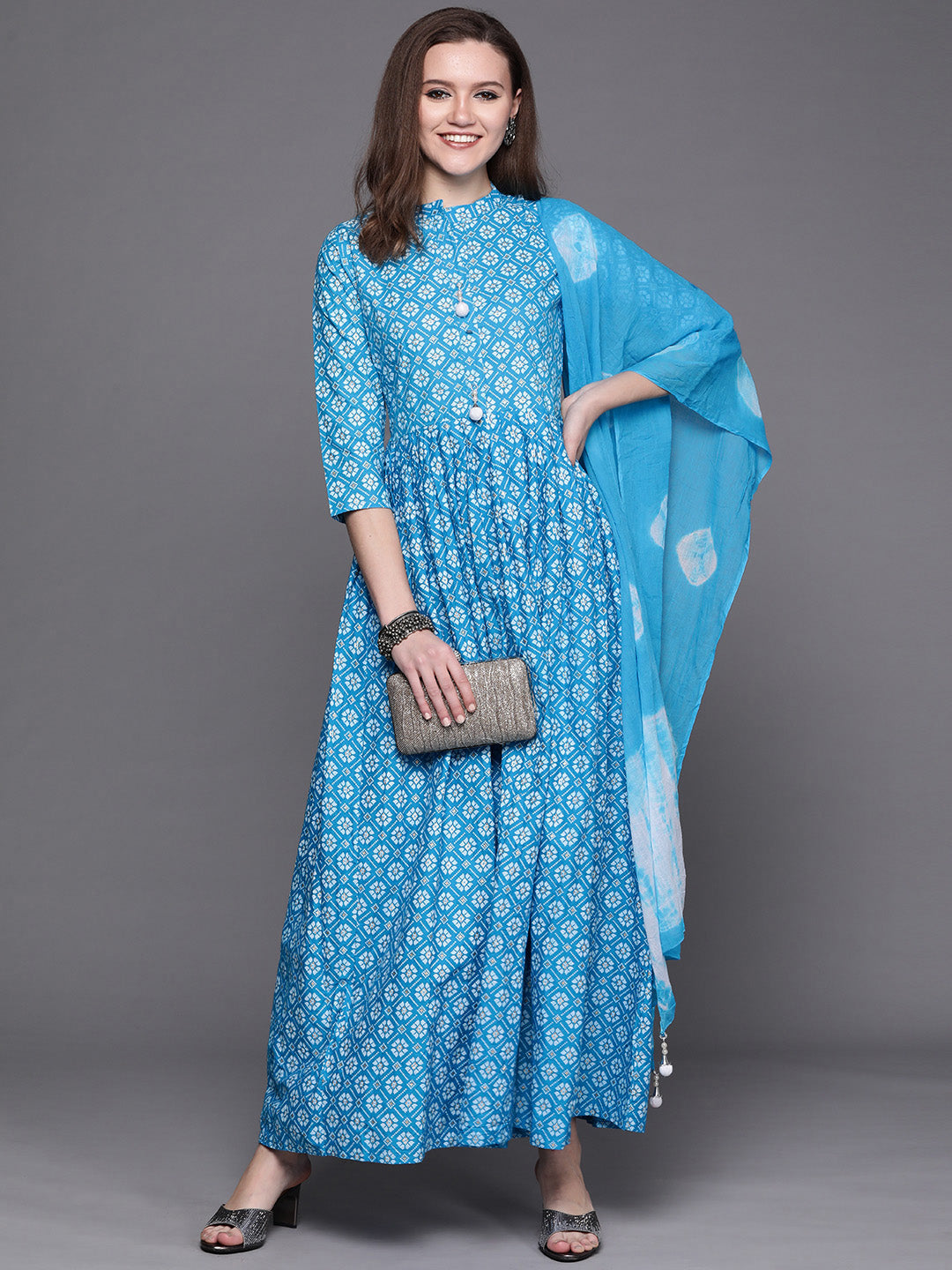 Blue ikat Printed Anarkali Kurta & Bandhani Dupatta