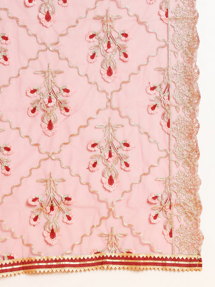 Pakistani Inspired Floral Embroidery Georgette Kurta Set With Contrast Scalloped Dupatta