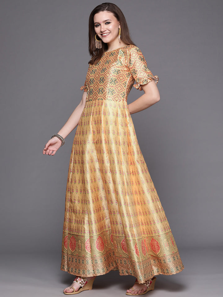 Yellow Embellished Digital Print Anarkali Gown