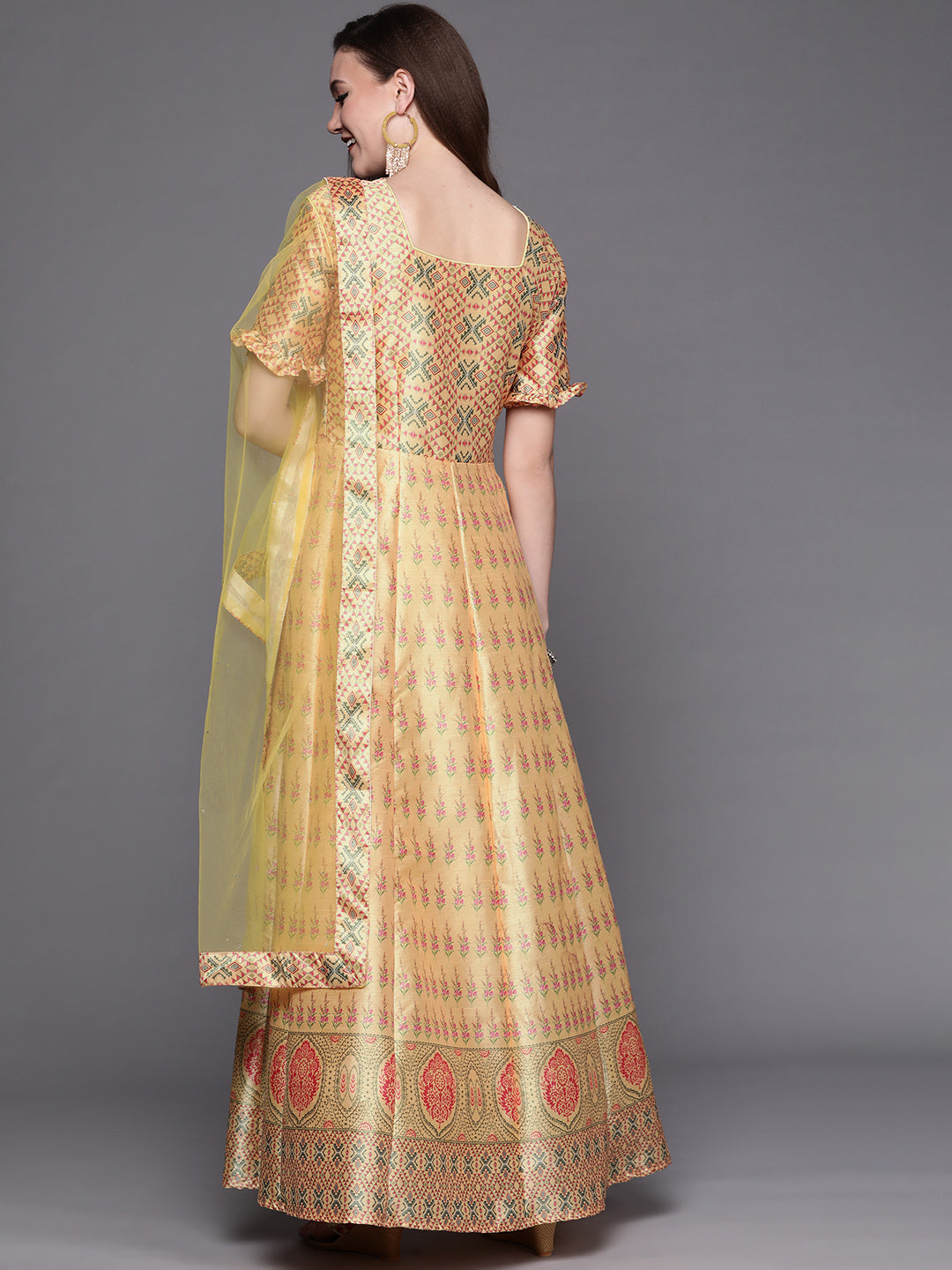 Yellow Embellished Digital Print Anarkali Gown