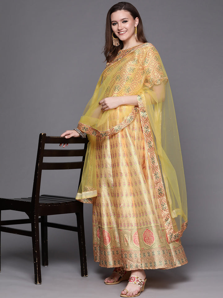 Yellow Embellished Digital Print Anarkali Gown