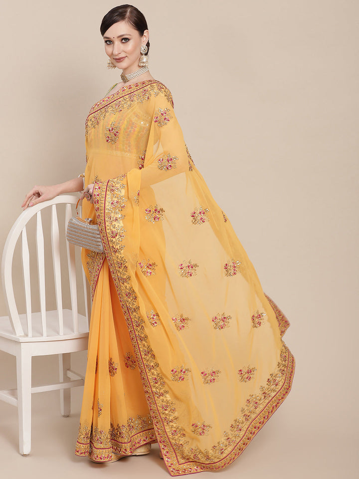 Mustard Resham & Zari Embroidered Georgette Stone Work Embellish Saree
