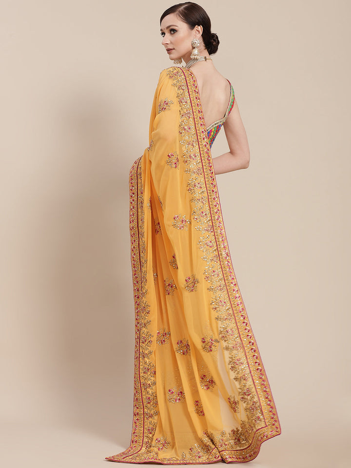 Mustard Resham & Zari Embroidered Georgette Stone Work Embellish Saree