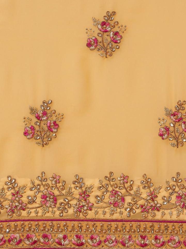 Mustard Resham & Zari Embroidered Georgette Stone Work Embellish Saree