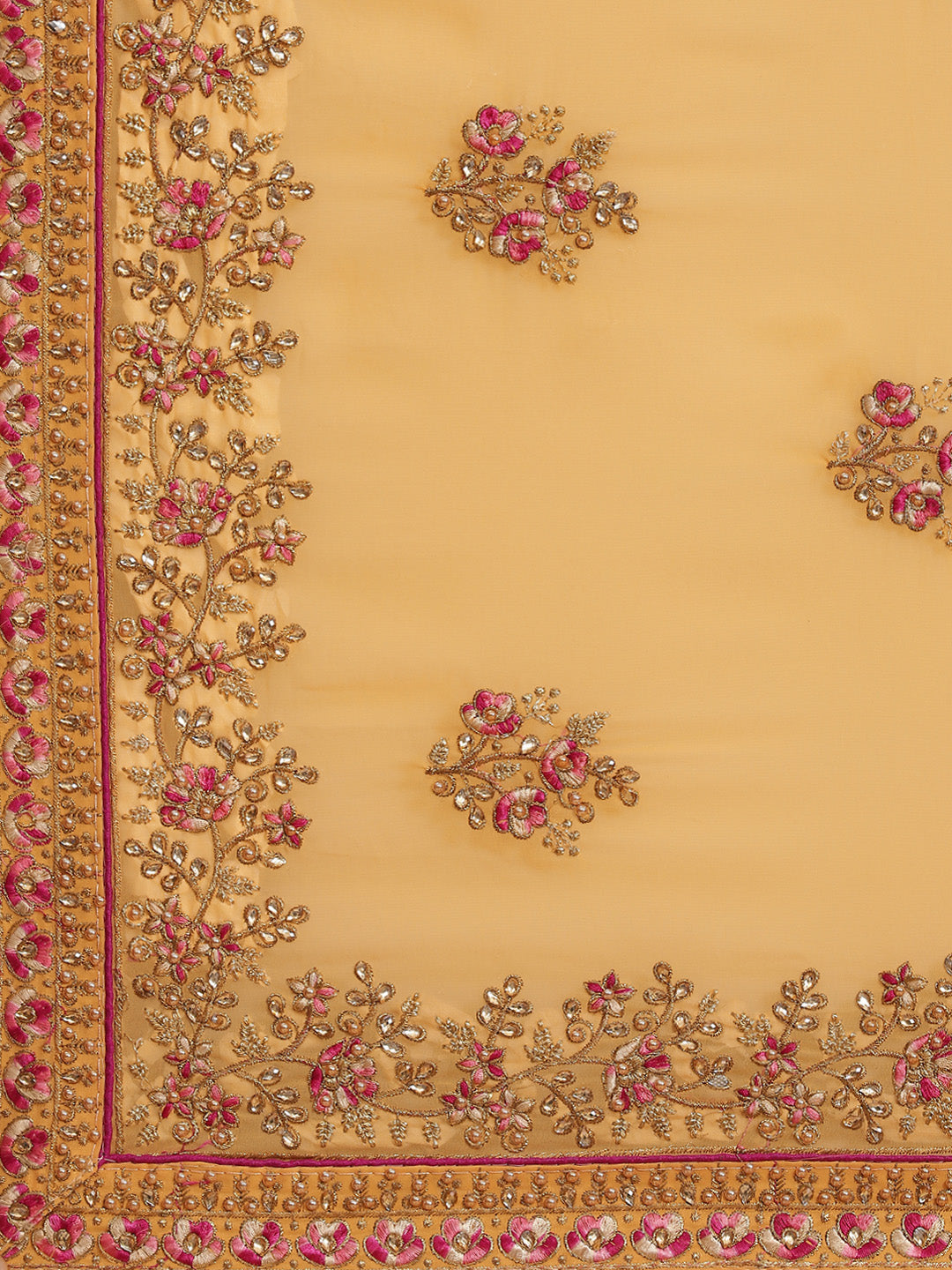 Mustard Resham & Zari Embroidered Georgette Stone Work Embellish Saree