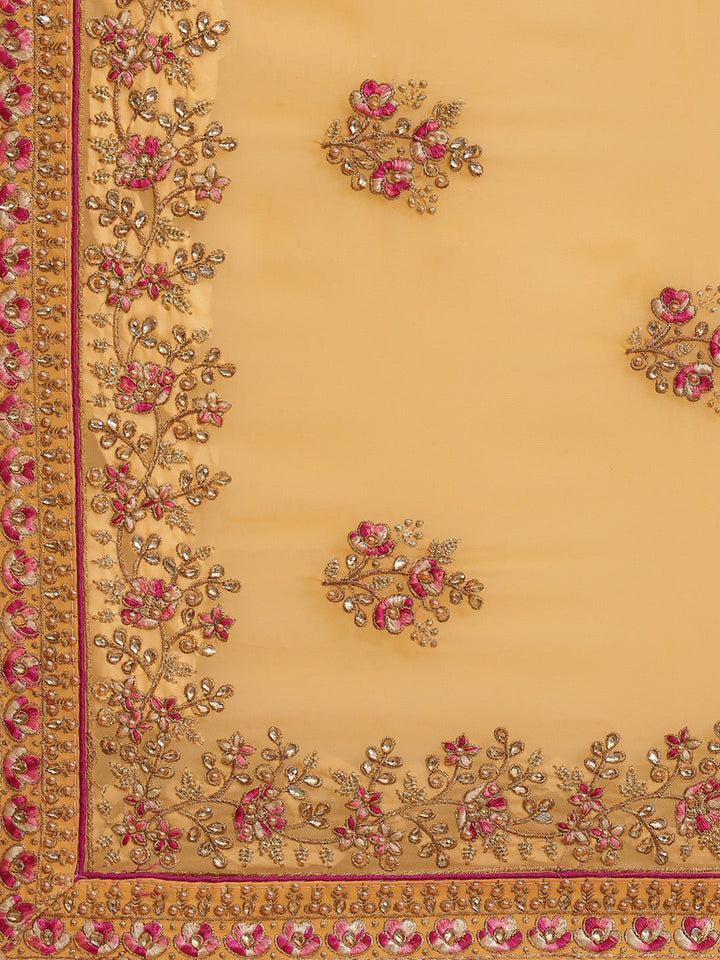 Mustard Resham & Zari Embroidered Georgette Stone Work Embellish Saree