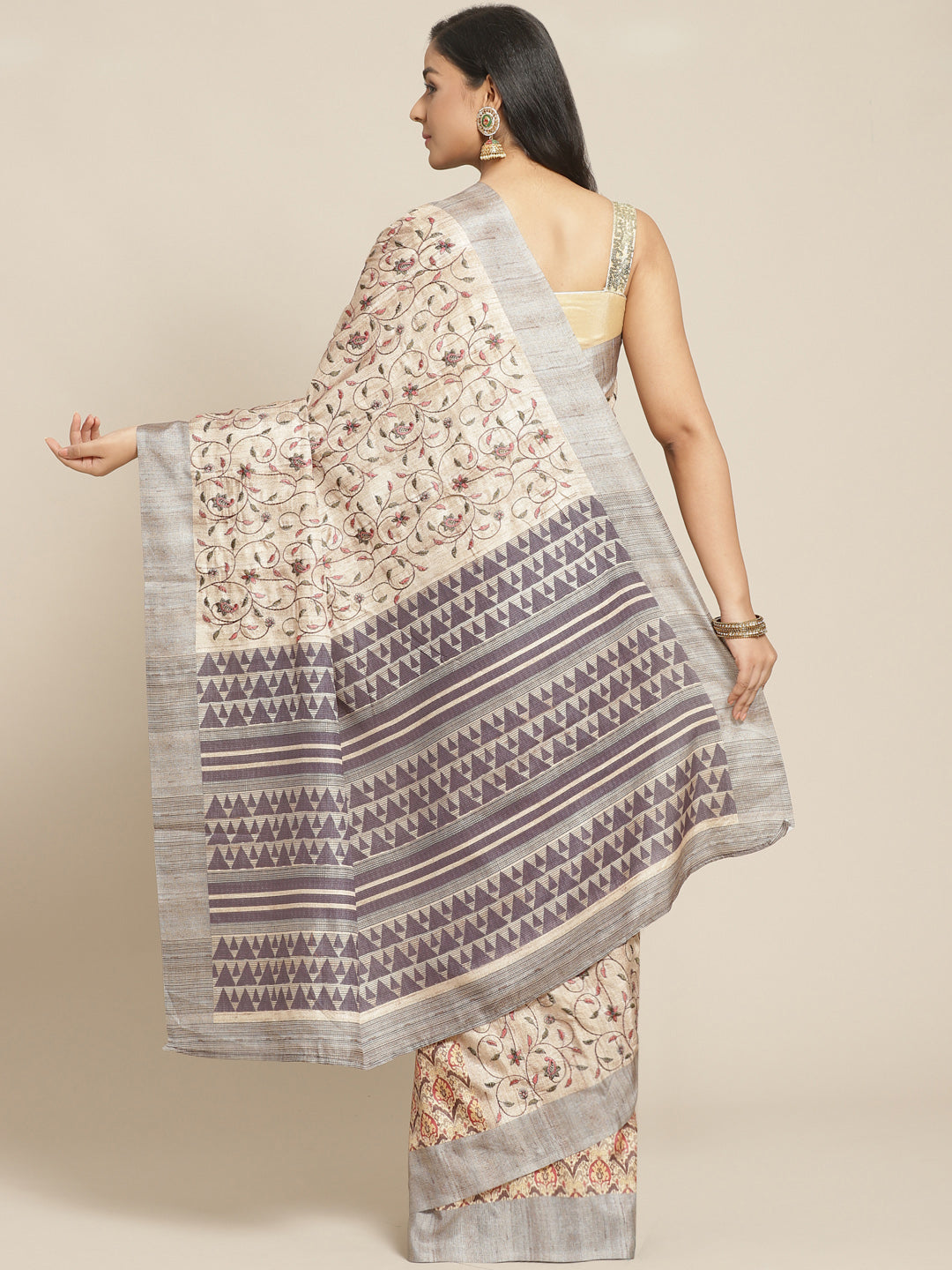 Beige Handloom Half-and-Half Saree with Kantha embroidered pallu and Ethnic Indie Print