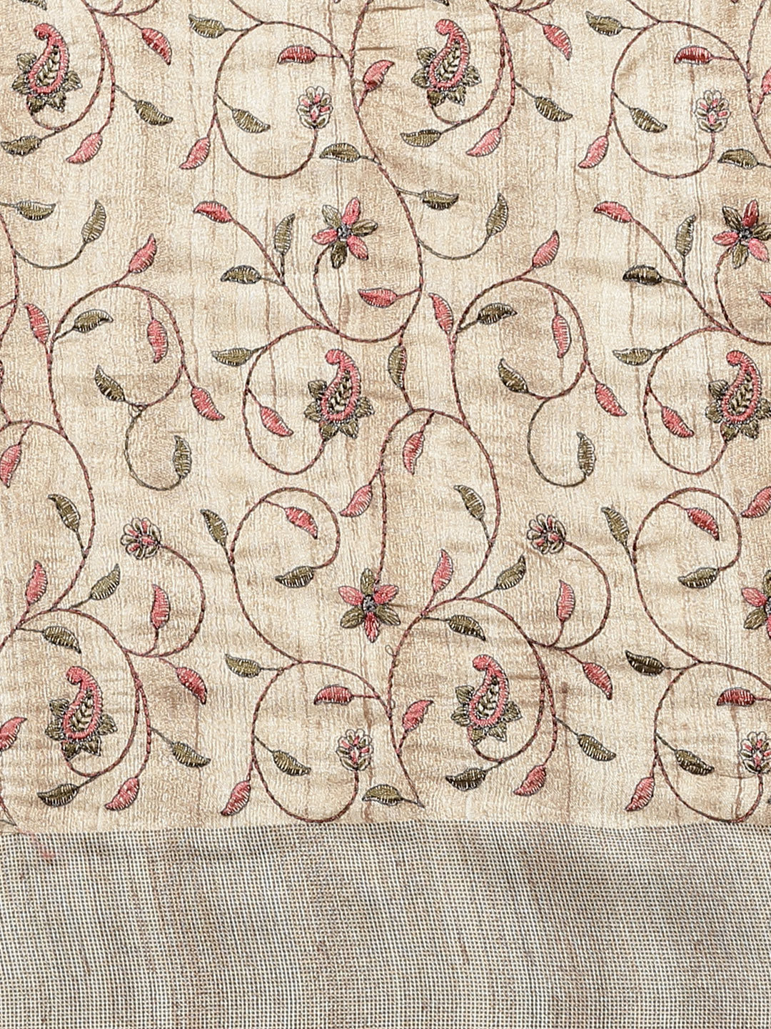 Beige Handloom Half-and-Half Saree with Kantha embroidered pallu and Ethnic Indie Print