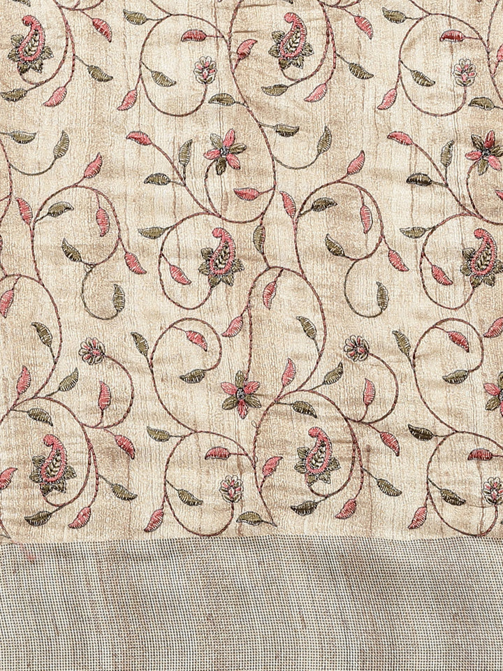 Beige Handloom Half-and-Half Saree with Kantha embroidered pallu and Ethnic Indie Print