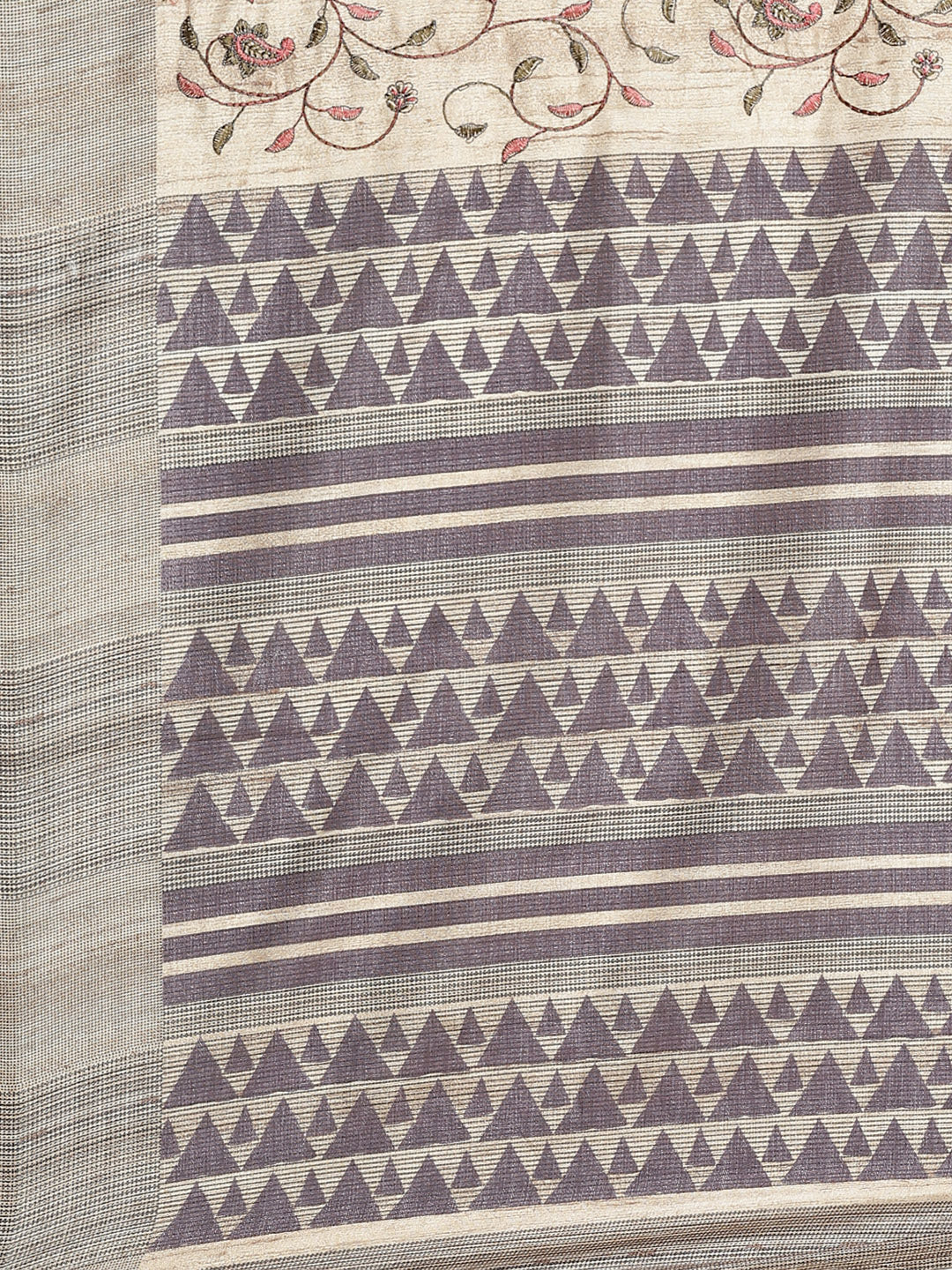 Beige Handloom Half-and-Half Saree with Kantha embroidered pallu and Ethnic Indie Print