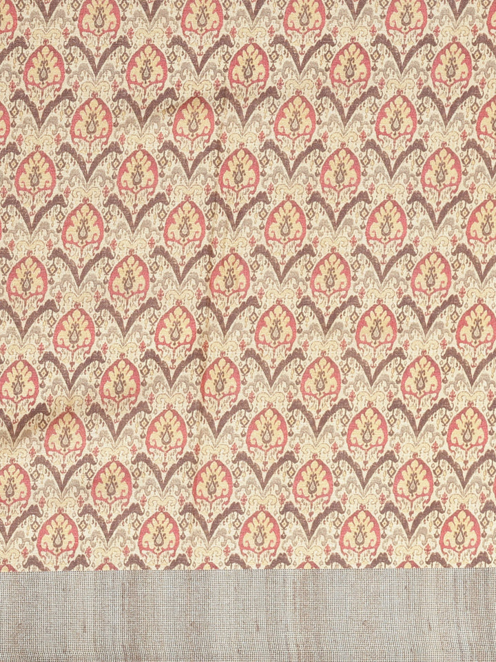Beige Handloom Half-and-Half Saree with Kantha embroidered pallu and Ethnic Indie Print