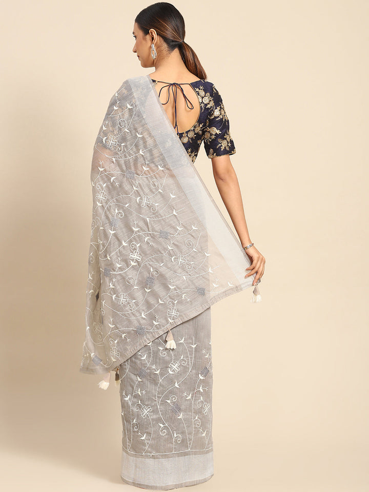 Grey White Resham thread Embroidery Embellished Chanderi Cotton Saree