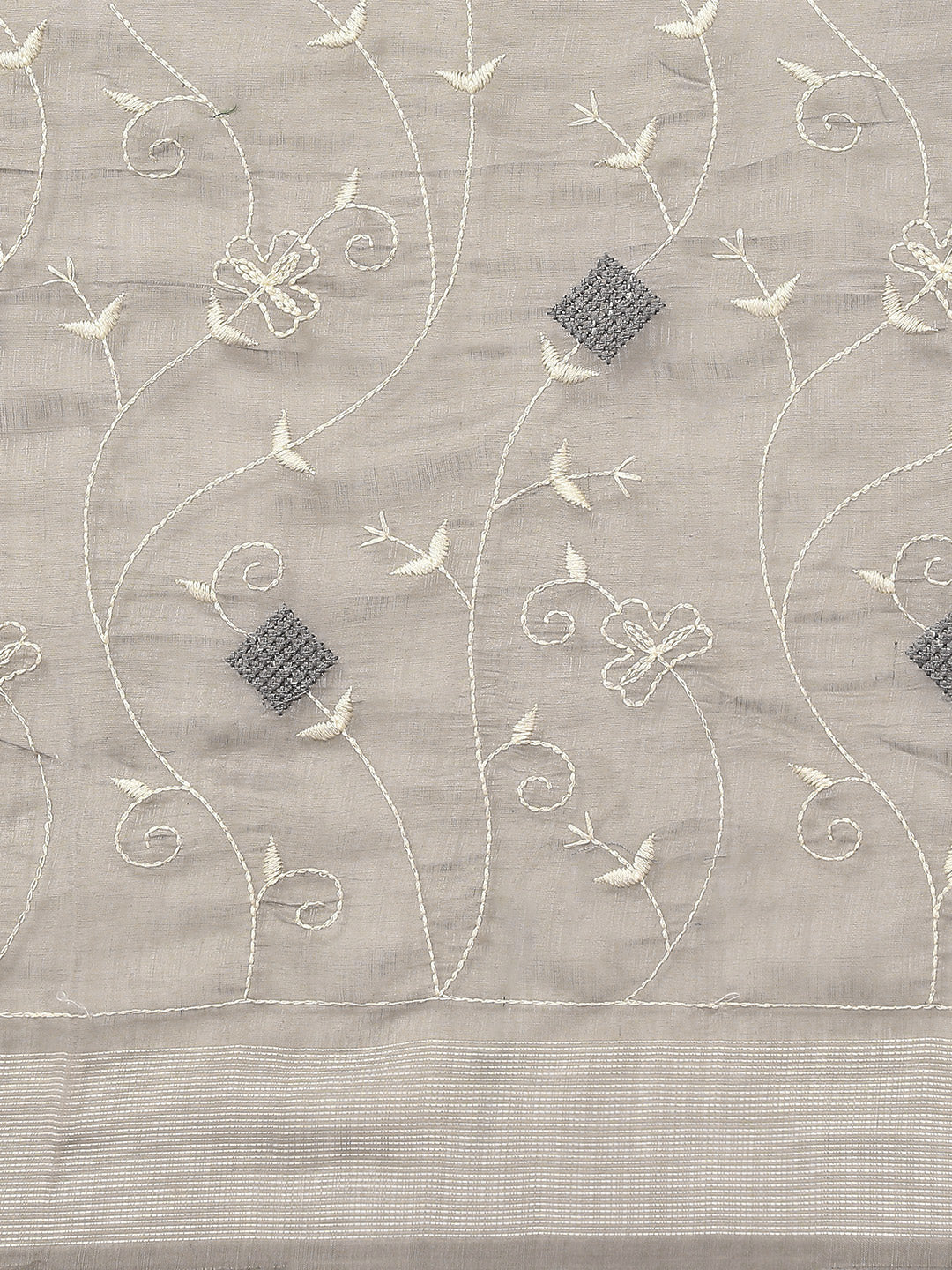 Grey White Resham thread Embroidery Embellished Chanderi Cotton Saree