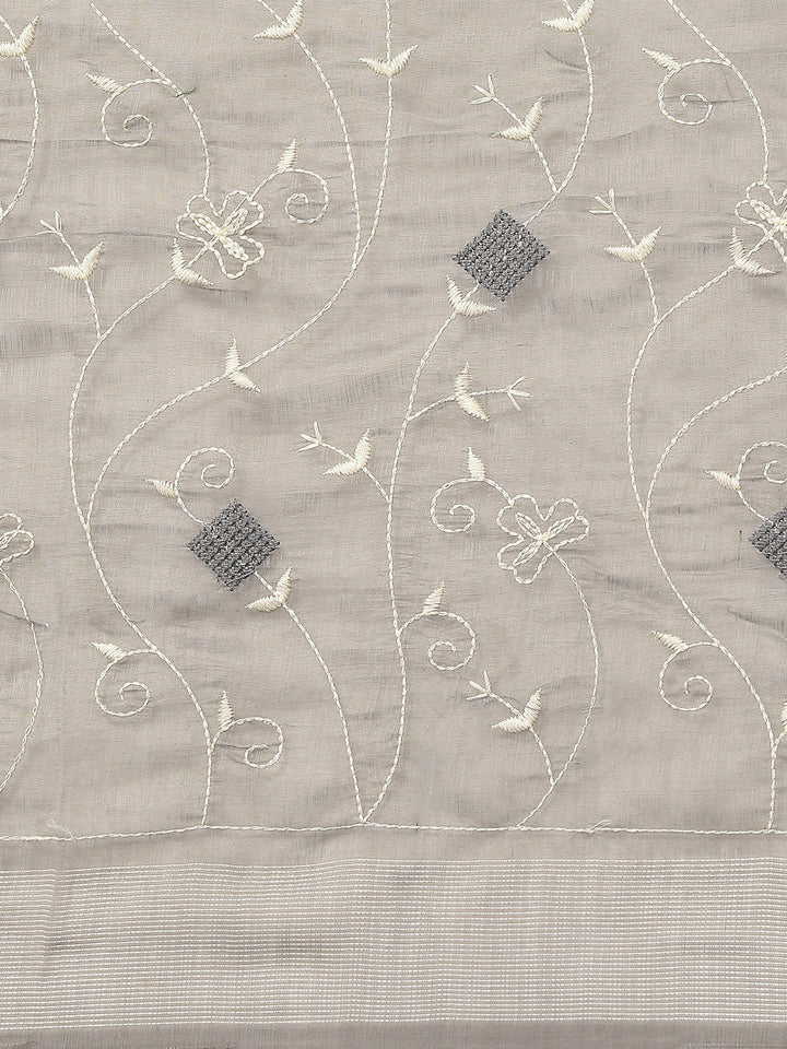 Grey White Resham thread Embroidery Embellished Chanderi Cotton Saree