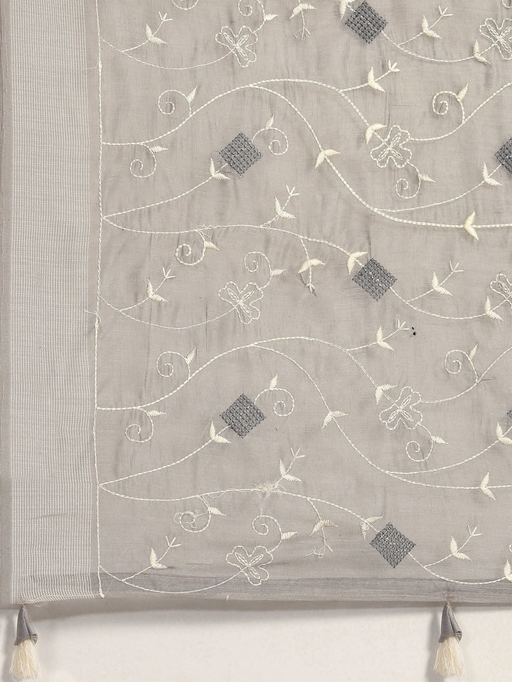 Grey White Resham thread Embroidery Embellished Chanderi Cotton Saree