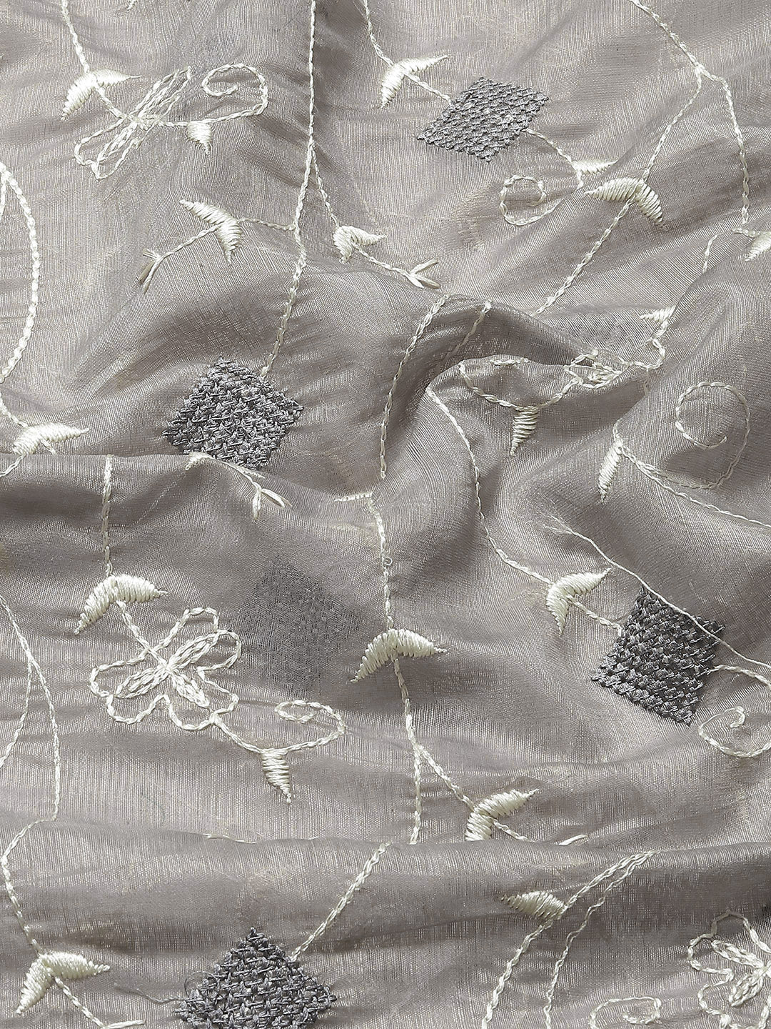 Grey White Resham thread Embroidery Embellished Chanderi Cotton Saree