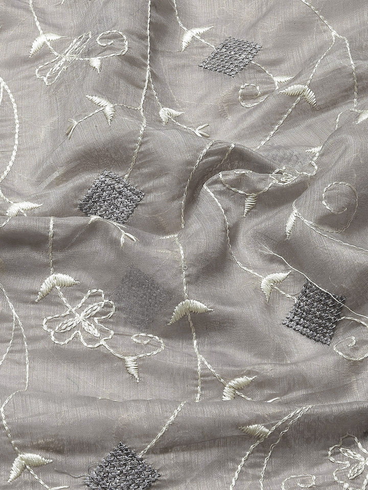 Grey White Resham thread Embroidery Embellished Chanderi Cotton Saree