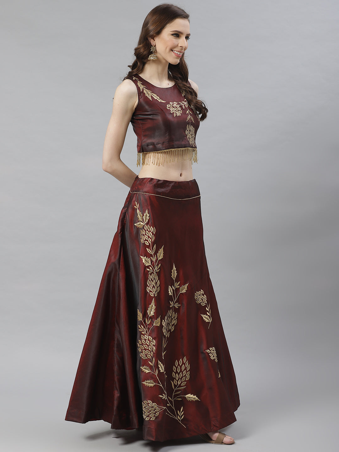 Made To Measure Embellished Lehenga Set with Floral Gold Zari Embroidery and Tassels