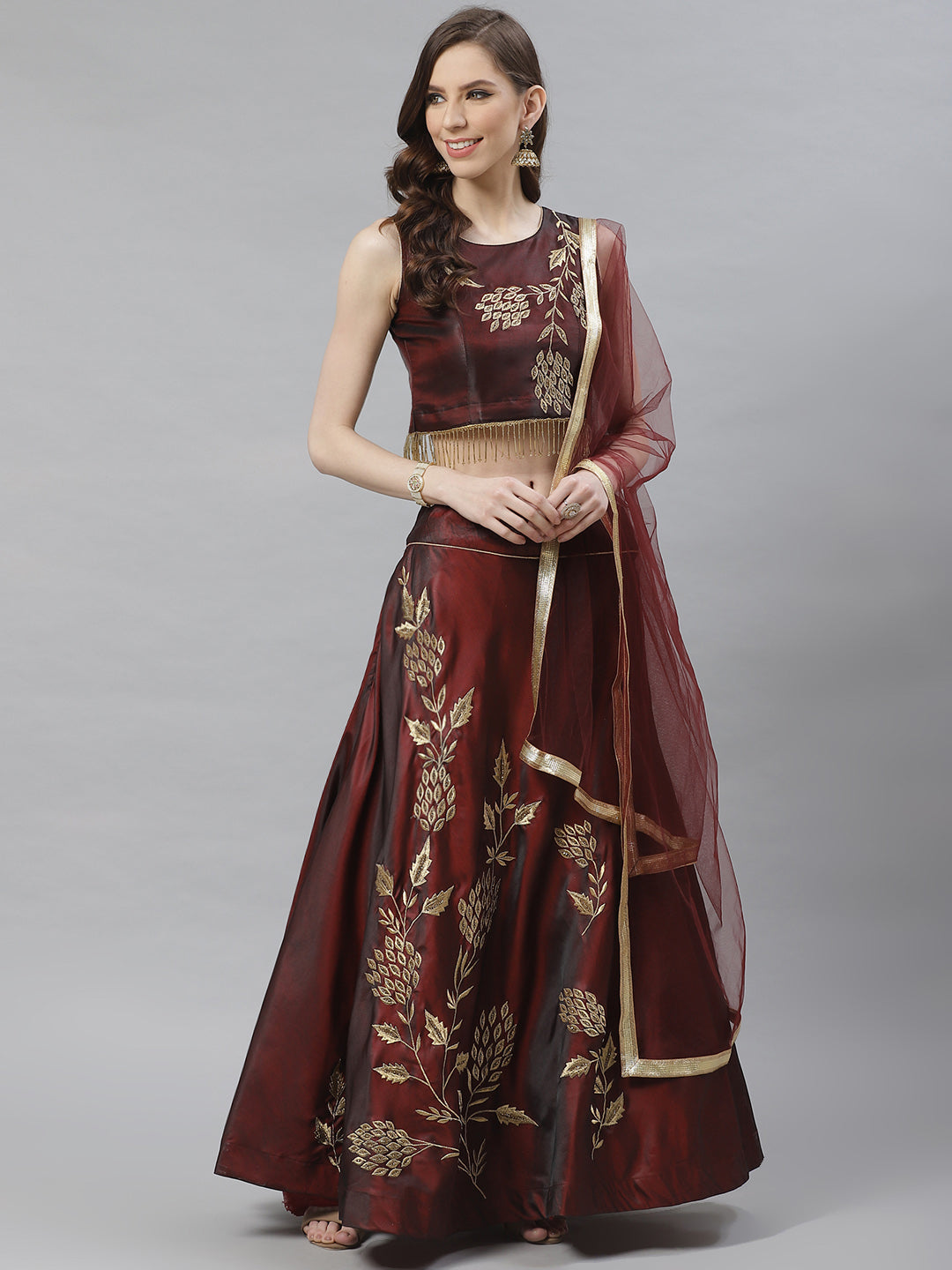 Made To Measure Embellished Lehenga Set with Floral Gold Zari Embroidery and Tassels
