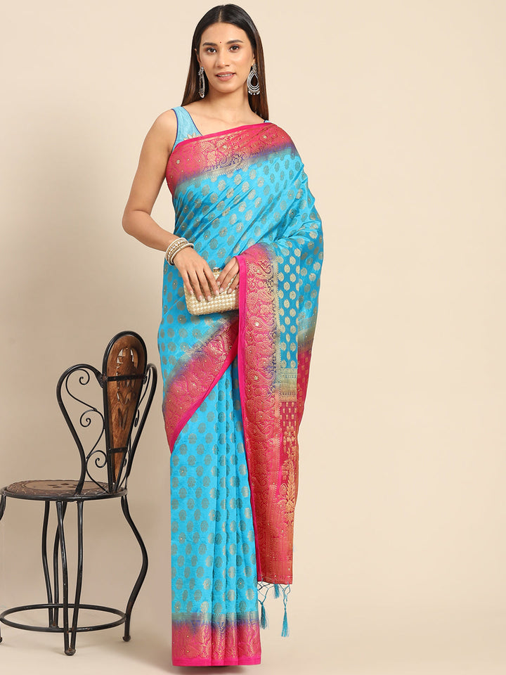 Banarasi Ethnic & Paisley Motifs Stone Embellished Silk Saree