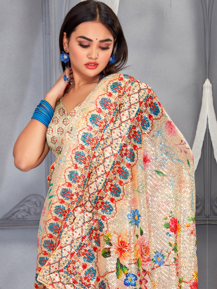Beige Sequin Embroidered saree with Digital Multicolor Floral Print