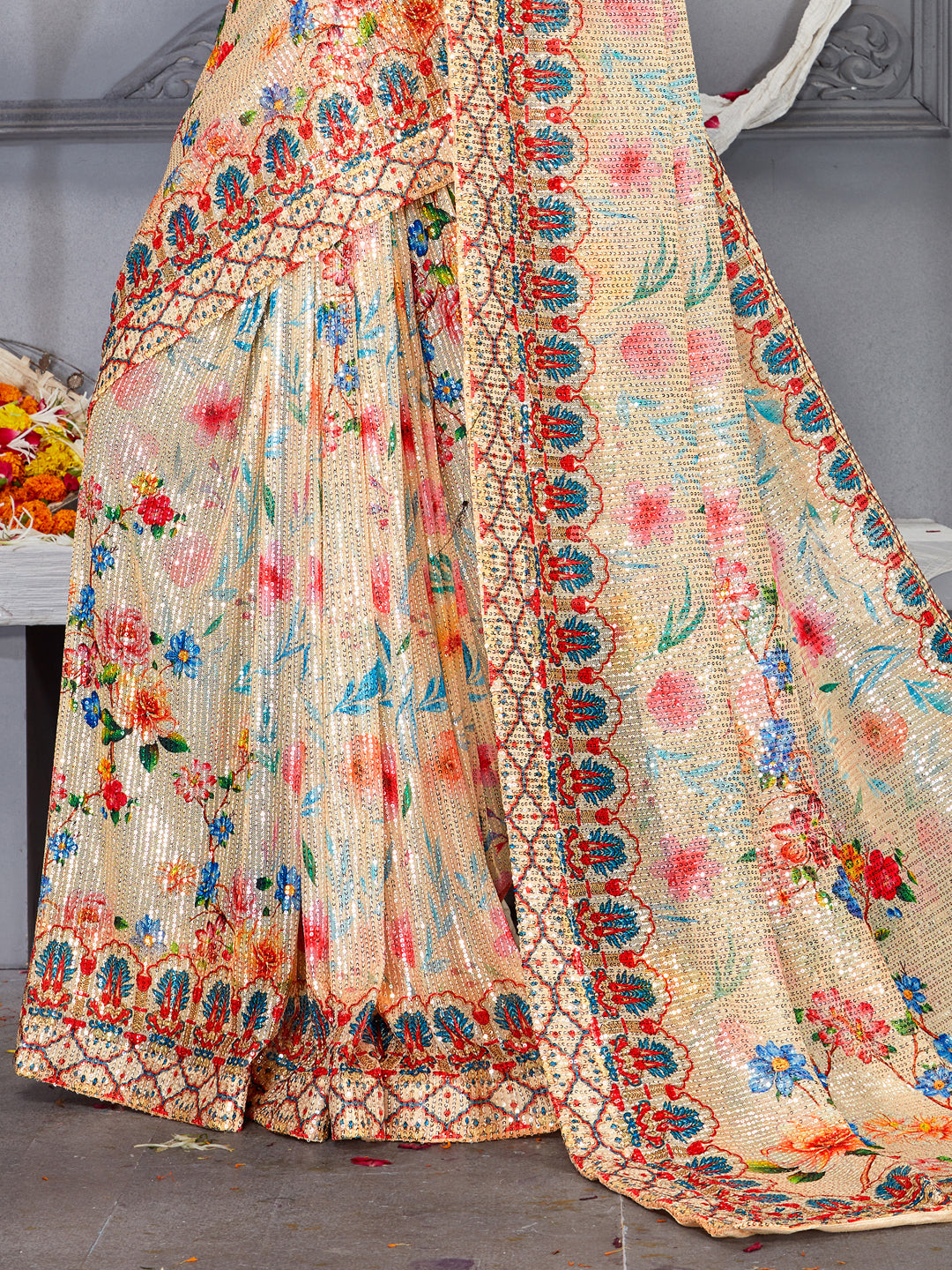 Beige Sequin Embroidered saree with Digital Multicolor Floral Print