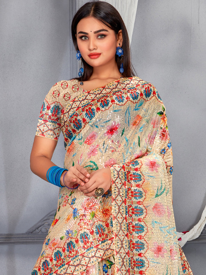 Beige Sequin Embroidered saree with Digital Multicolor Floral Print