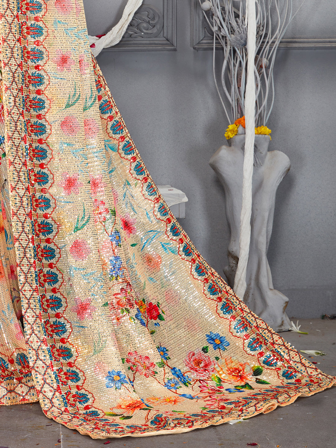 Beige Sequin Embroidered saree with Digital Multicolor Floral Print