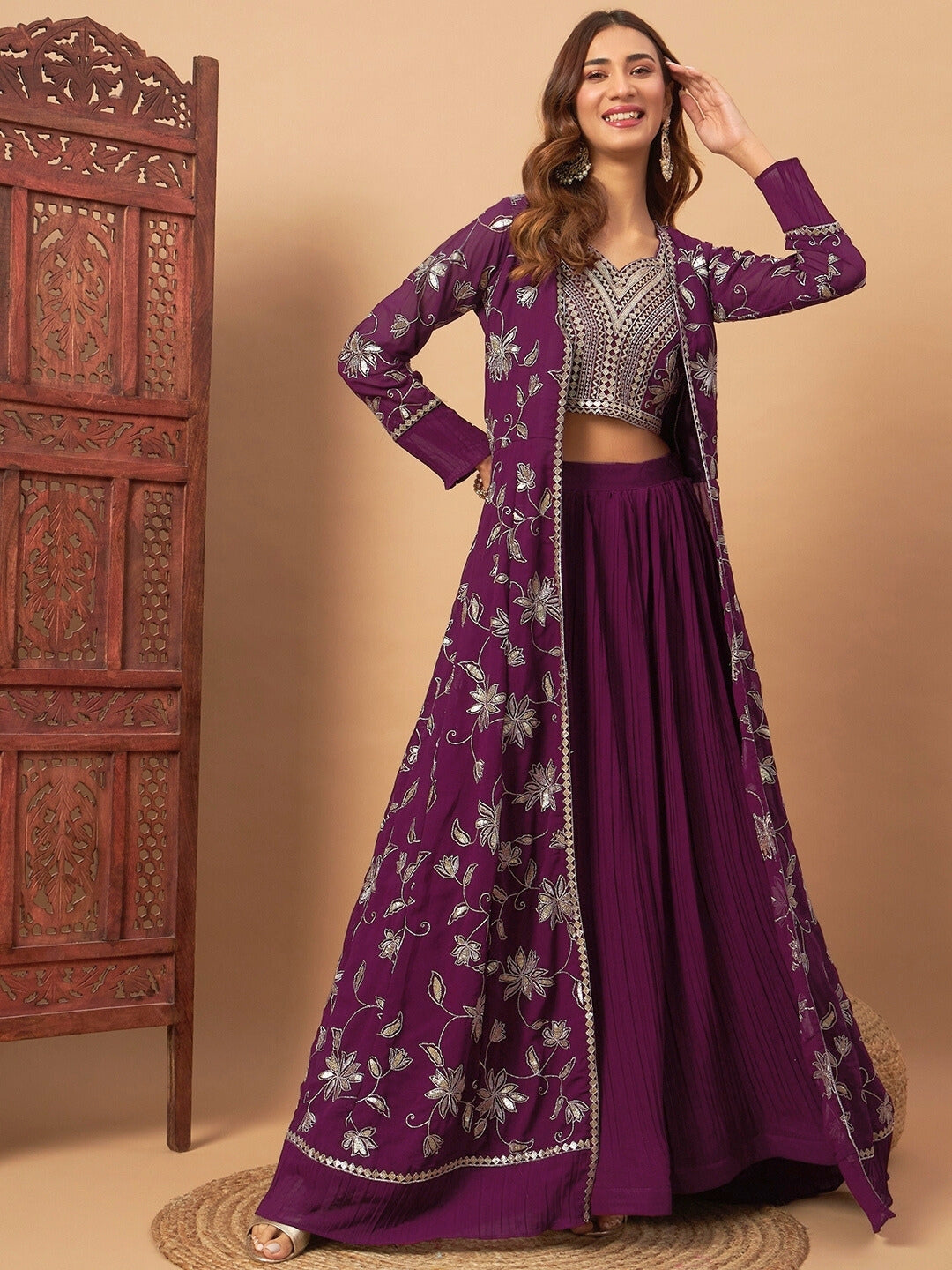 Georgette Indo-western Set with Sequin Embroidered Floor length Jacket & Pleated Skirt