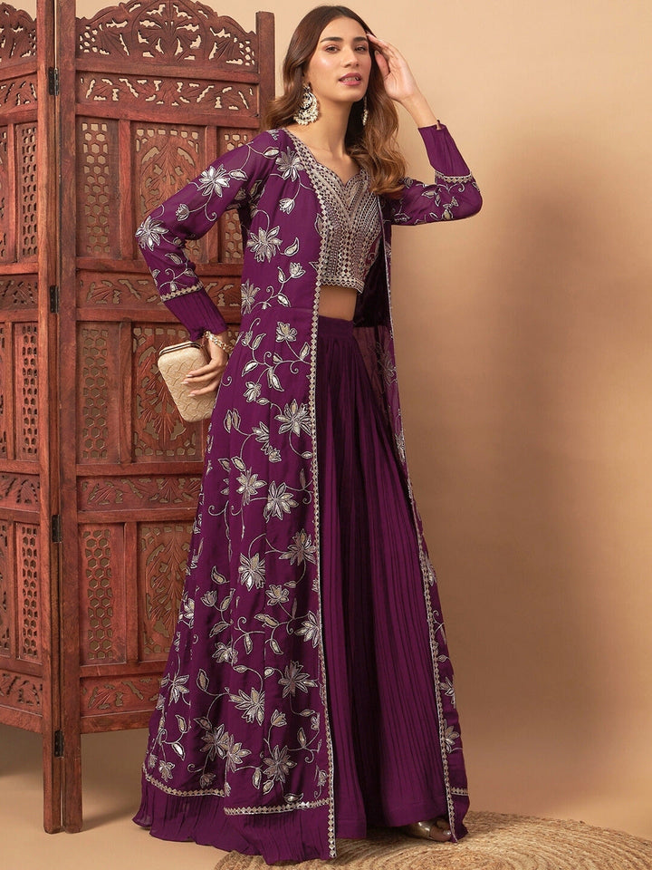 Georgette Indo-western Set with Sequin Embroidered Floor length Jacket & Pleated Skirt
