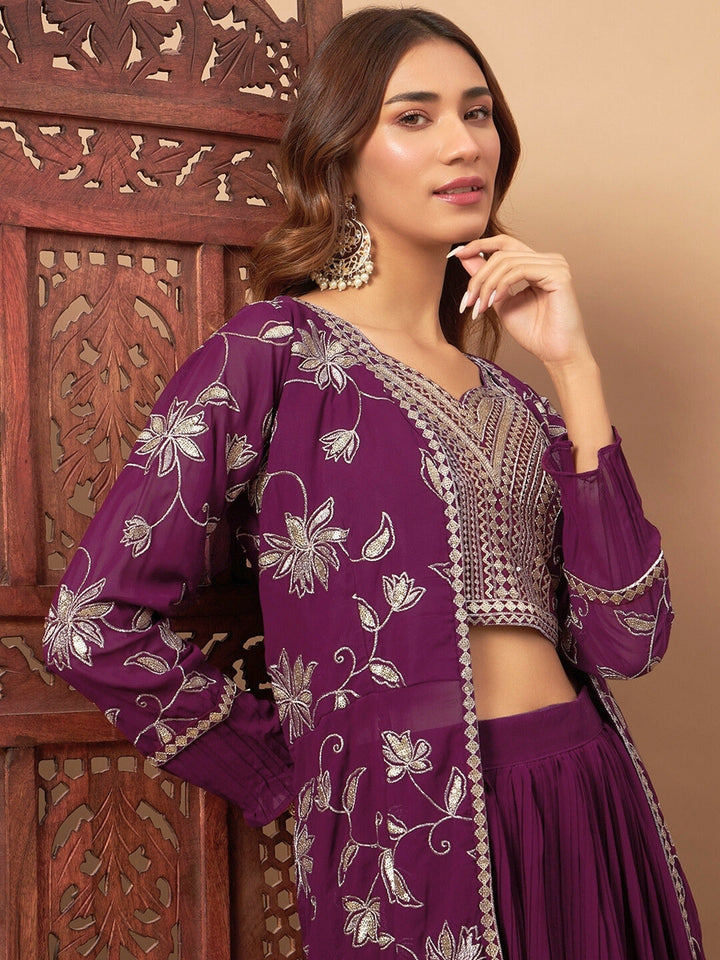 Georgette Indo-western Set with Sequin Embroidered Floor length Jacket & Pleated Skirt