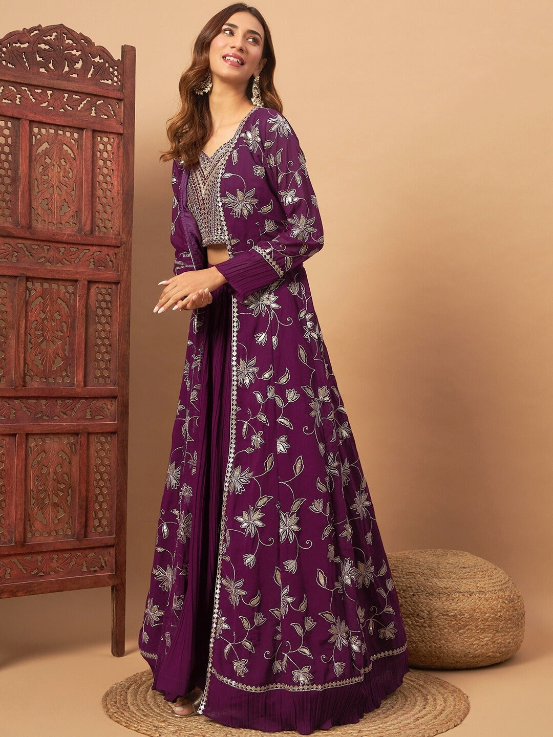 Georgette Indo-western Set with Sequin Embroidered Floor length Jacket & Pleated Skirt