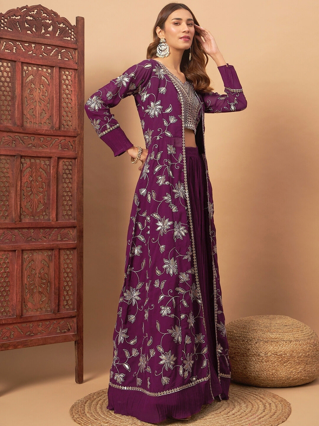 Georgette Indo-western Set with Sequin Embroidered Floor length Jacket & Pleated Skirt