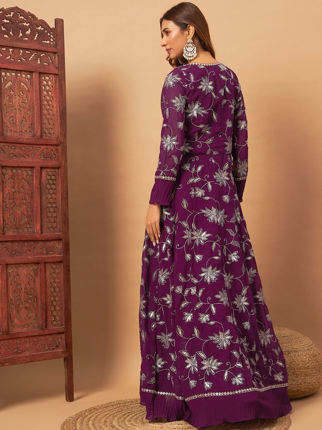 Georgette Indo-western Set with Sequin Embroidered Floor length Jacket & Pleated Skirt