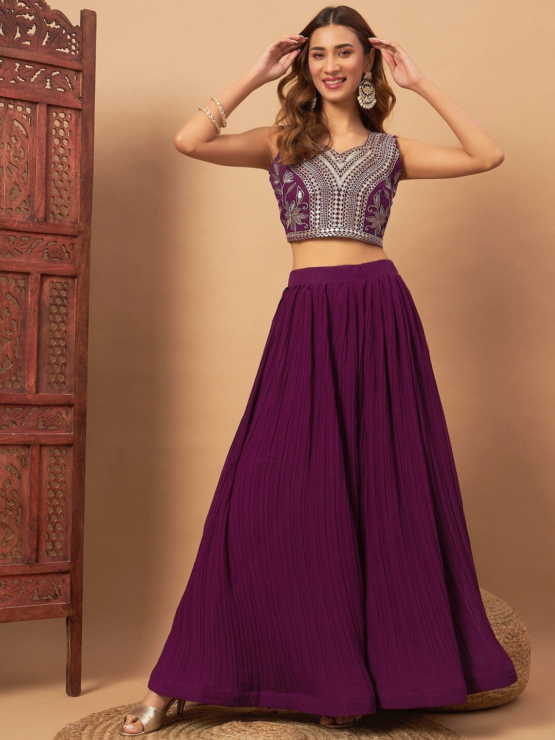 Georgette Indo-western Set with Sequin Embroidered Floor length Jacket & Pleated Skirt