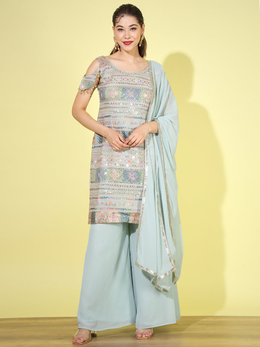 Sea Green Kurta Palazzo Suit Set with Multicolor Sequin Embroidery