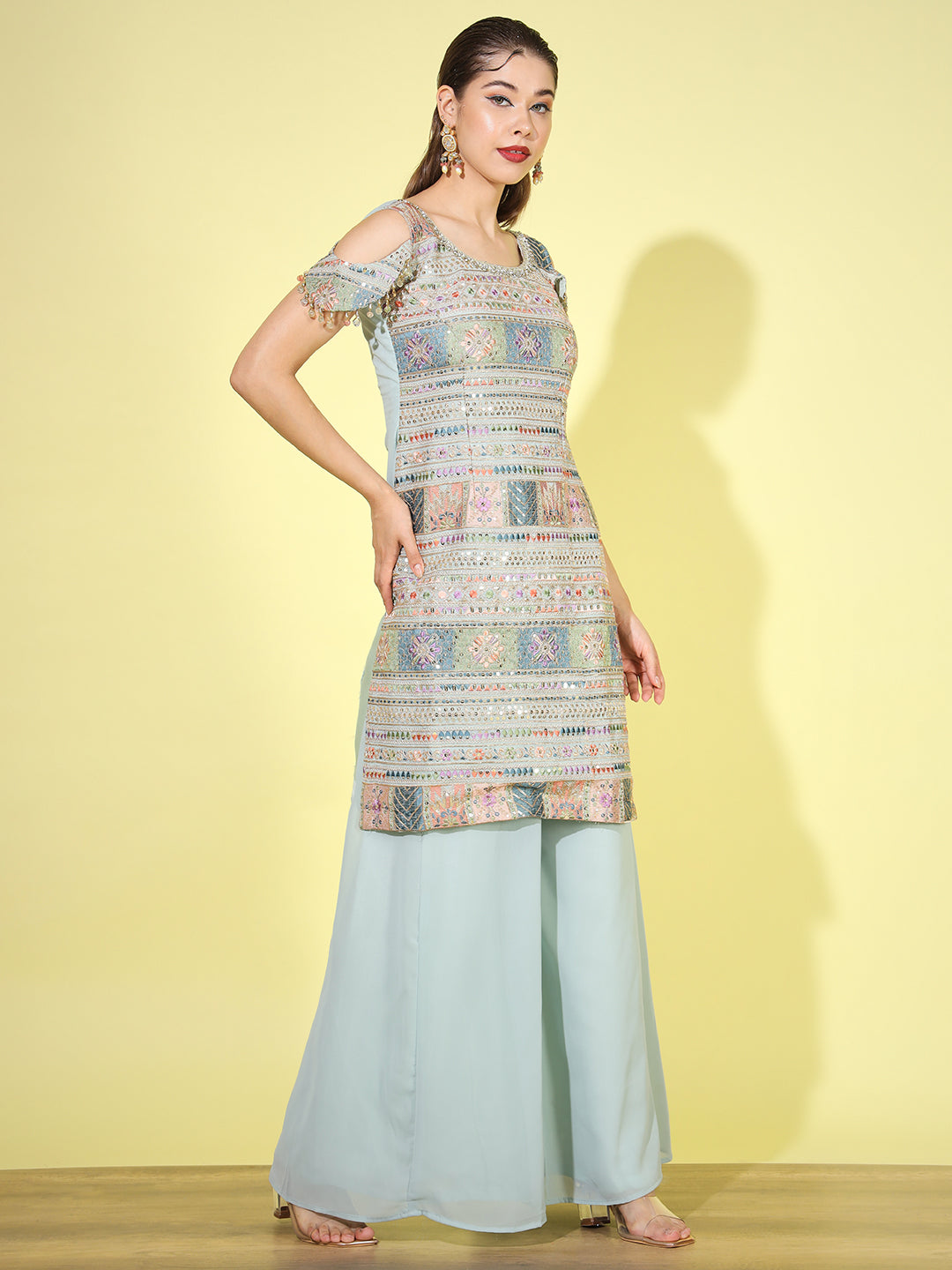 Sea Green Kurta Palazzo Suit Set with Multicolor Sequin Embroidery