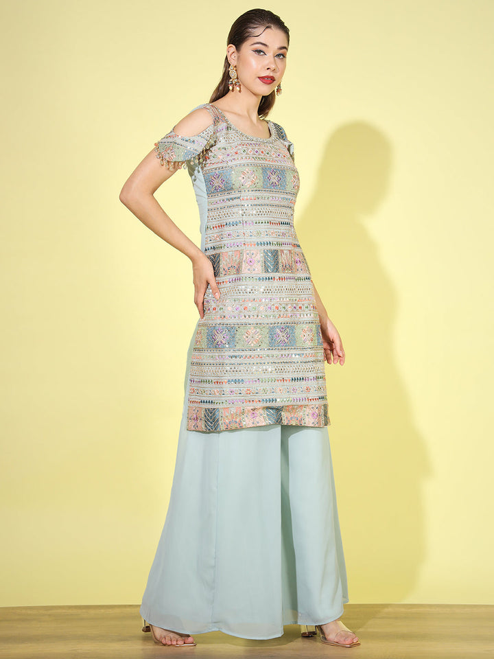 Sea Green Kurta Palazzo Suit Set with Multicolor Sequin Embroidery